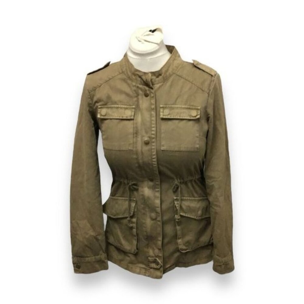 British Khaki Women’s Cotton Jacket VTG Military Pocket Drawstring Waist Olive S
